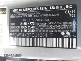 2016 Mercedes-Benz C 300 Luxury with VIN 55SWF4KB7GU138417, listed as a IAAI auction lot 41696331 with 90,879 mi miles and . Bid and sale history available at DreamBid. Image 9.