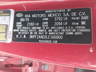 2020 Kia Forte LXS with VIN 3KPF24AD3LE166800, listed as a IAAI auction lot 42042712 with 84,579 mi miles and . Bid and sale history available at carsss.com. Image 9.