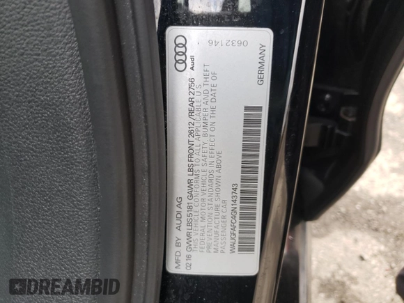 2016 Audi A6 2.0T Premium Plus with VIN WAUGFAFC4GN143743, listed as a Copart auction lot 41438763 with 78,207 mi miles. Bid and sale history available at carsss.com. Image 14.