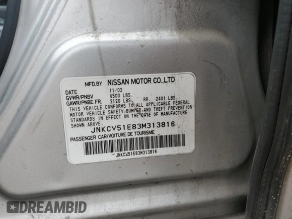 2003 Infiniti G35 w/Leather with VIN JNKCV51E83M313816, listed as a Copart auction lot 51789595 with 197,615 mi miles and Salvage Title. Bid and sale history available at DreamBid. Image 14.