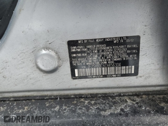 2012 Subaru Forester X Premium with VIN JF2SHBDC6CH456304, listed as a Copart auction lot 55732325 with 116,475 mi miles and Non repairable. Bid and sale history available at DreamBid. Image 14.