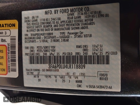 2020 Ford Fusion SE z VIN 3FA6P0LU4LR118809, wystawiony jako IAAI lot #41952995 z przebiegiem 35 353 mil mil oraz . Historia ofert i sprzedaży dostępna na DreamBid. Obrazek 9.