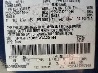2012 Ford Explorer XLT with VIN 1FMHK7D85CGA20144, listed as a Copart auction lot 53333065 with 164,654 mi miles and Salvage Title. Bid and sale history available at DreamBid. Image 13.
