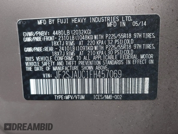 2015 Subaru Forester Touring with VIN JF2SJAUC1FH457069, listed as a IAAI auction lot 42293542 with 71,689 mi miles and . Bid and sale history available at DreamBid. Image 9.