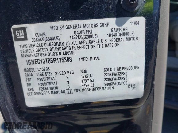 2005 Chevrolet Tahoe Z71 z VIN 1GNEC13T85R175308, wystawiony jako IAAI lot #42020807 z przebiegiem 321 355 mil mil oraz . Historia ofert i sprzedaży dostępna na DreamBid. Obrazek 9.