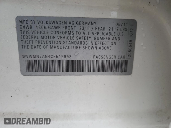 2012 Volkswagen CC Sport with VIN WVWMN7AN4CE515998, listed as a Copart auction lot 44262105 with 105,639 mi miles and Salvage Title. Bid and sale history available at carsss.com. Image 13.