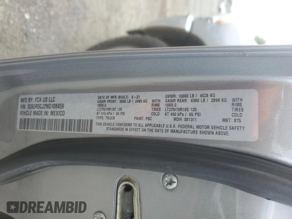 2022 Ram 2500 Tradesman with VIN 3C6UR5CJ2NG108459, listed as a Copart auction lot 55957595 with 96,940 mi miles and Salvage title. Bid and sale history available at DreamBid. Image 12.