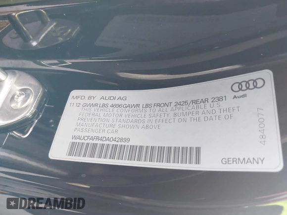 2013 Audi A5 Premium with VIN WAUCFAFR4DA042899, listed as a IAAI auction lot 42682496 with 60,274 mi miles and . Bid and sale history available at DreamBid. Image 9.
