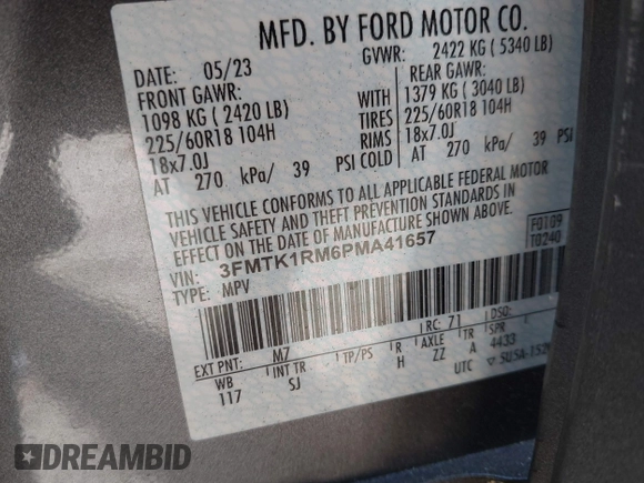 2023 Ford Mustang Mach-E Select z VIN 3FMTK1RM6PMA41657, wystawiony jako IAAI lot #42310403 z przebiegiem Nie podano mil oraz . Historia ofert i sprzedaży dostępna na DreamBid. Obrazek 9.