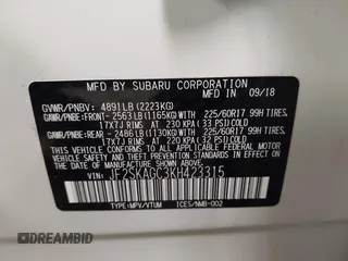 2019 Subaru Forester Premium with VIN JF2SKAGC3KH423315, listed as a IAAI auction lot 41216364 with 105,019 mi miles. Bid and sale history available at carsss.com. Image 9.