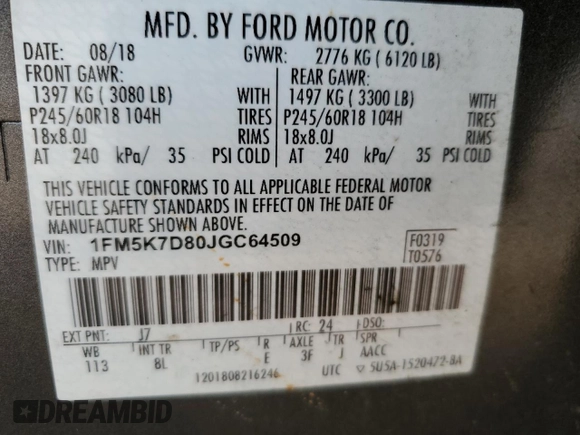 2018 Ford Explorer XLT z VIN 1FM5K7D80JGC64509, wystawiony jako Copart lot #60110275 z przebiegiem 60 711 mil mil oraz Szkoda całkowita • Salvage title. Historia ofert i sprzedaży dostępna na DreamBid. Obrazek 9.