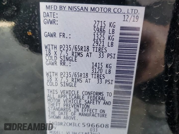 2020 Nissan Pathfinder SL with VIN 5N1DR2CM3LC596608, listed as a Copart auction lot 53834375 with 72,320 mi miles and Salvage title. Bid and sale history available at DreamBid. Image 12.