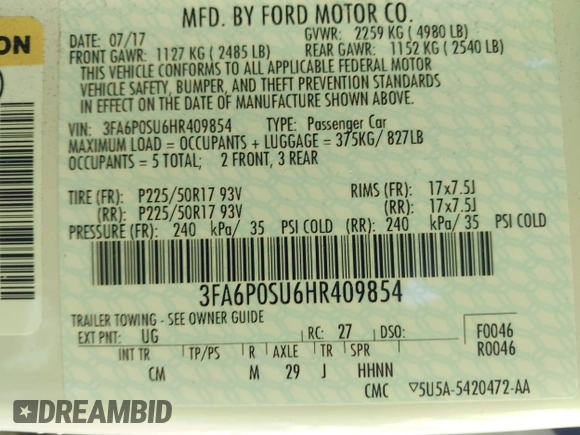 2017 Ford Fusion Titanium with VIN 3FA6P0SU6HR409854, listed as a IAAI auction lot 42143031 with 52,688 mi miles and . Bid and sale history available at DreamBid. Image 9.