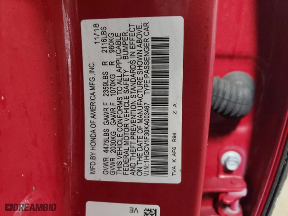 2019 Honda Accord Sedan Sport 1.5T with VIN 1HGCV1F30KA003467, listed as a Copart auction lot 87731875 with 80,519 mi miles and Salvage Title. Bid and sale history available at carsss.com. Image 13.