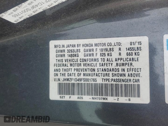 2015 Honda CR-Z with VIN JHMZF1D49FS001765, listed as a Copart auction lot 60227805 with 213,205 mi miles and Salvage title. Bid and sale history available at DreamBid. Image 12.