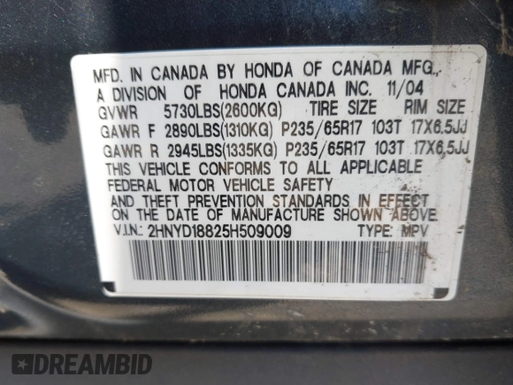 2005 Acura MDX Touring z VIN 2HNYD18825H509009, wystawiony jako IAAI lot #42121184 z przebiegiem Nie podano mil oraz . Historia ofert i sprzedaży dostępna na DreamBid. Obrazek 9.