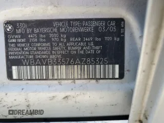 2006 BMW 3 Series 330i z VIN WBAVB33576AZ85325, wystawiony jako Copart lot #56681815 z przebiegiem Nie podano mil oraz Szkoda całkowita • Salvage title. Historia ofert i sprzedaży dostępna na DreamBid. Obrazek 12.