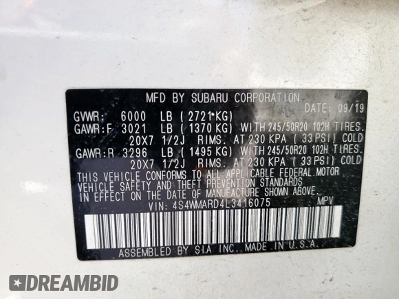 2020 Subaru Ascent Touring z VIN 4S4WMARD4L3416075, wystawiony jako Copart lot #54067615 z przebiegiem 108 918 mil mil oraz Szkody całkowita. Historia ofert i sprzedaży dostępna na DreamBid. Obrazek 14.
