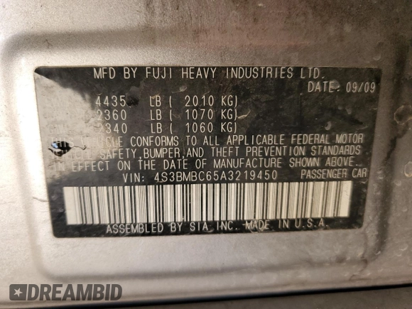 2010 Subaru Legacy Premium All-Weather Anniversary with VIN 4S3BMBC65A3219450, listed as a Copart auction lot 48061145 with 314,339 mi miles and Salvage Title. Bid and sale history available at DreamBid. Image 15.