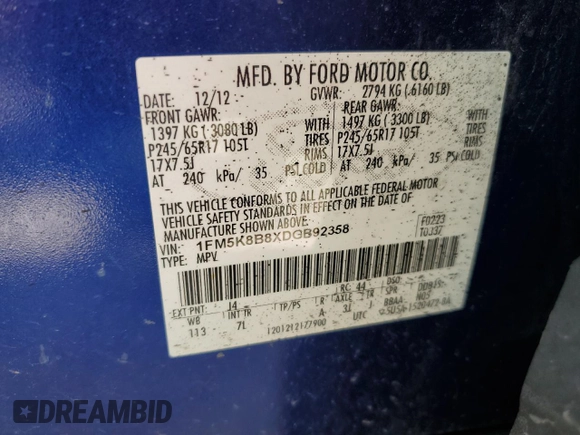 2013 Ford Explorer with VIN 1FM5K8B8XDGB92358, listed as a Copart auction lot 58974855 with 108,989 mi miles and Salvage title. Bid and sale history available at DreamBid. Image 14.
