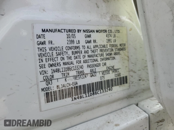 2006 Nissan Altima 3.5 SE with VIN 1N4BL11D86C133240, listed as a Copart auction lot 68700314 with 0 mi miles and Salvage Title. Bid and sale history available at carsss.com. Image 12.