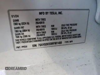 2024 Tesla Model Y Long Range с VIN 7SAYGDEE0RF981488, выставлен на аукционе Copart как лот 58704135 с пробегом 21 417 миль миль и Списание • Salvage title. История ставок и продаж доступна на DreamBid. Изображение 13.