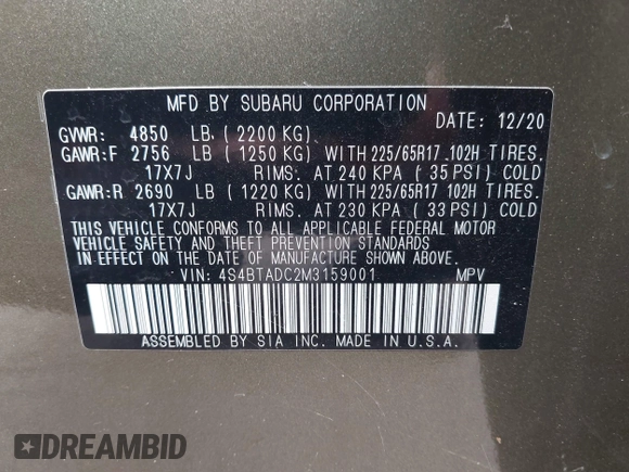 2021 Subaru Outback Premium with VIN 4S4BTADC2M3159001, listed as a IAAI auction lot 42607919 with 60,974 mi miles and . Bid and sale history available at DreamBid. Image 9.