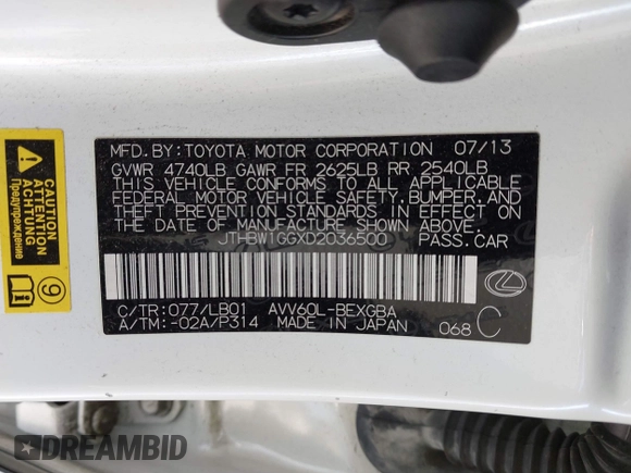 2013 Lexus ES 300h with VIN JTHBW1GGXD2036500, listed as a IAAI auction lot 42153501 with 249,961 mi miles and . Bid and sale history available at DreamBid. Image 9.