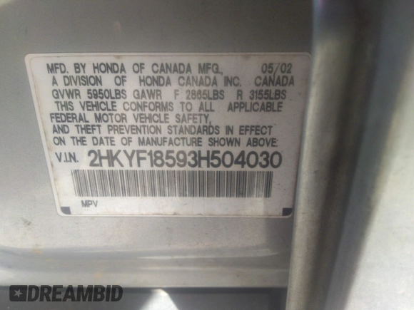 2003 Honda Pilot EX with VIN 2HKYF18593H504030, listed as a IAAI auction lot 35742950 with Not Provided miles and . Bid and sale history available at DreamBid. Image 9.