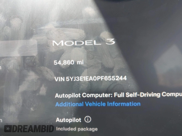 2023 Tesla Model 3 z VIN 5YJ3E1EA0PF655244, wystawiony jako IAAI lot #42004592 z przebiegiem 54 860 mil mil oraz . Historia ofert i sprzedaży dostępna na DreamBid. Obrazek 14.
