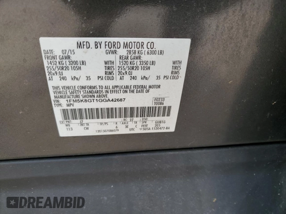 2016 Ford Explorer Sport with VIN 1FM5K8GT1GGA42687, listed as a Copart auction lot 50584925 with 117,190 mi miles and Salvage Title. Bid and sale history available at carsss.com. Image 13.