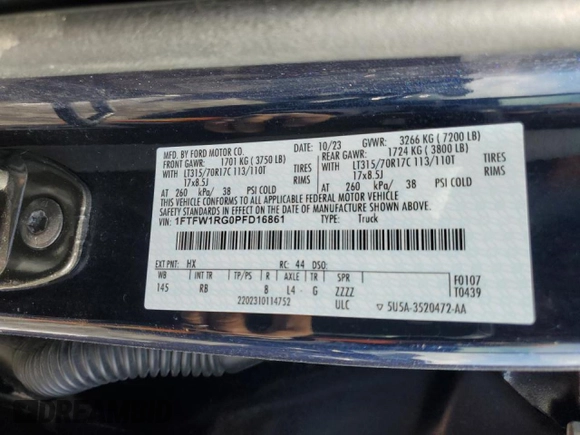 2023 Ford F-150 Raptor with VIN 1FTFW1RG0PFD16861, listed as a Copart auction lot 45338035 with 19,454 mi miles and Salvage Title. Bid and sale history available at DreamBid. Image 12.
