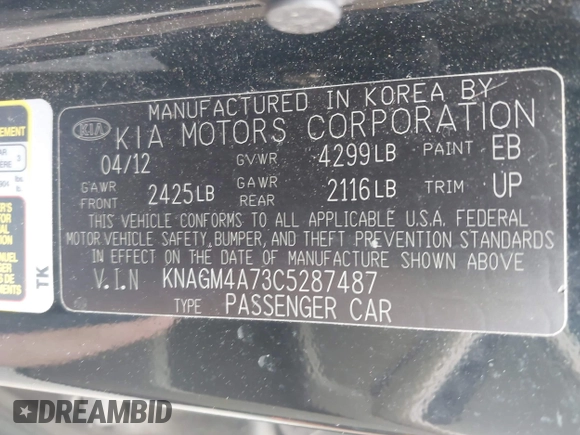2012 Kia Optima LX with VIN KNAGM4A73C5287487, listed as a IAAI auction lot 42176012 with 233,460 mi miles and . Bid and sale history available at carsss.com. Image 9.