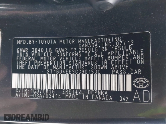 2012 Toyota Corolla L with VIN 2T1BU4EE3CC901530, listed as a IAAI auction lot 42099048 with 210,117 mi miles. Bid and sale history available at carsss.com. Image 9.