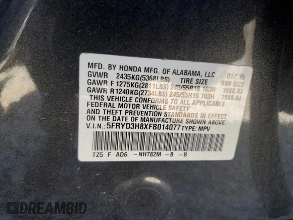 2015 Acura MDX Advance/Entertainment Pkg with VIN 5FRYD3H8XFB014077, listed as a Copart auction lot 52891575 with 139,069 mi miles and Salvage Title. Bid and sale history available at carsss.com. Image 13.