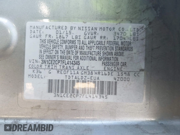 2015 Nissan Note SR with VIN 3N1CE2CP7FL414345, listed as a IAAI auction lot 42449650 with 98,422 mi miles and . Bid and sale history available at DreamBid. Image 9.