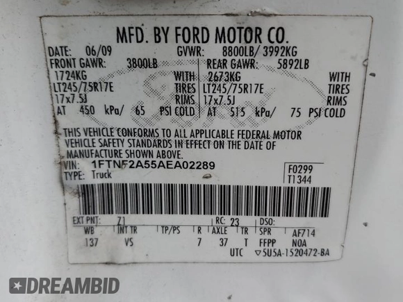 2010 Ford F-250 with VIN 1FTNF2A55AEA02289, listed as a Copart auction lot 49126995 with 142,929 mi miles and Salvage title. Bid and sale history available at DreamBid. Image 12.