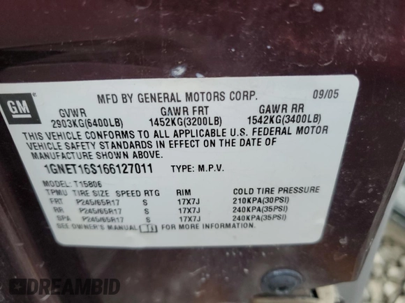 2006 Chevrolet TrailBlazer LS with VIN 1GNET16S166127011, listed as a Copart auction lot 45123535 with 204,315 mi miles and Salvage Title. Bid and sale history available at DreamBid. Image 13.