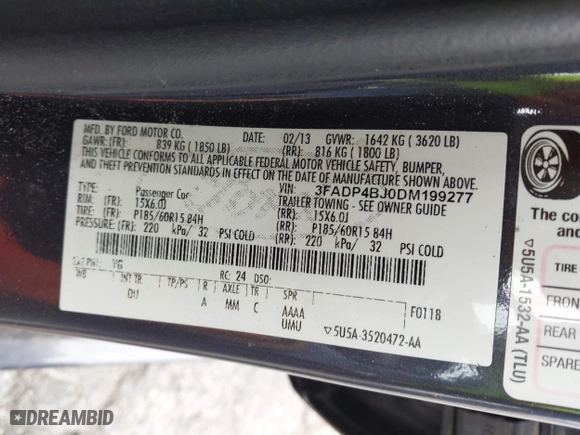 2013 Ford Fiesta SE with VIN 3FADP4BJ0DM199277, listed as a IAAI auction lot 42047833 with 142,739 mi miles. Bid and sale history available at carsss.com. Image 9.