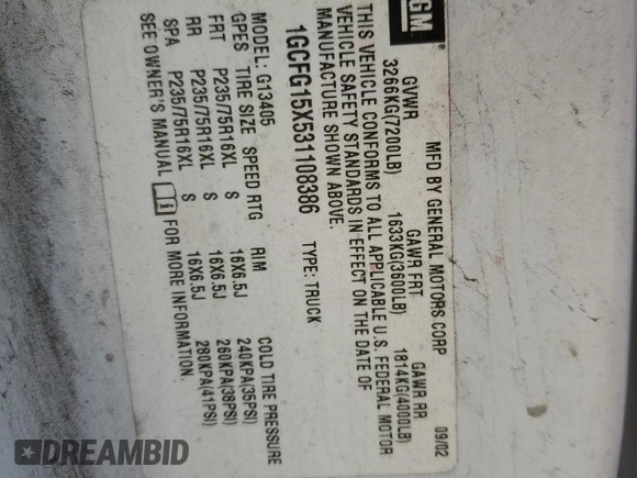 2003 Chevrolet Express Cargo z VIN 1GCFG15X531108386, wystawiony jako Copart lot #50409364 z przebiegiem Nie podano mil oraz Szkoda całkowita • Salvage title. Historia ofert i sprzedaży dostępna na DreamBid. Obrazek 14.