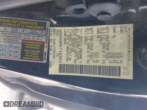2013 Nissan Frontier SV with VIN 1N6AD0CW6DN716965, listed as a IAAI auction lot 41548617 with 127,497 mi miles and . Bid and sale history available at DreamBid. Image 9.