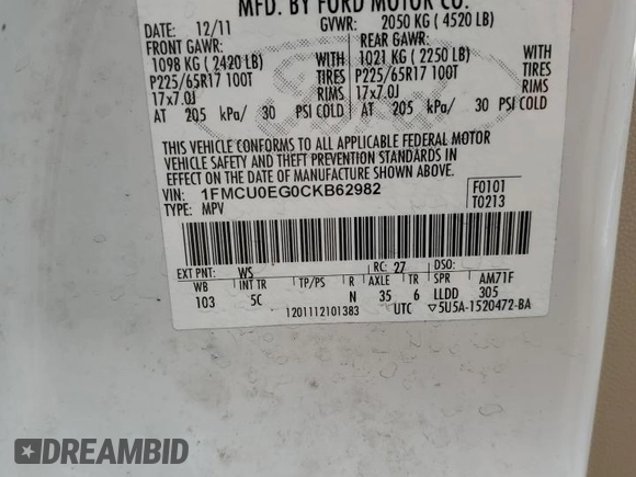 2012 Ford Escape Limited with VIN 1FMCU0EG0CKB62982, listed as a Copart auction lot 44319185 with Not Provided miles and Salvage Title. Bid and sale history available at carsss.com. Image 14.