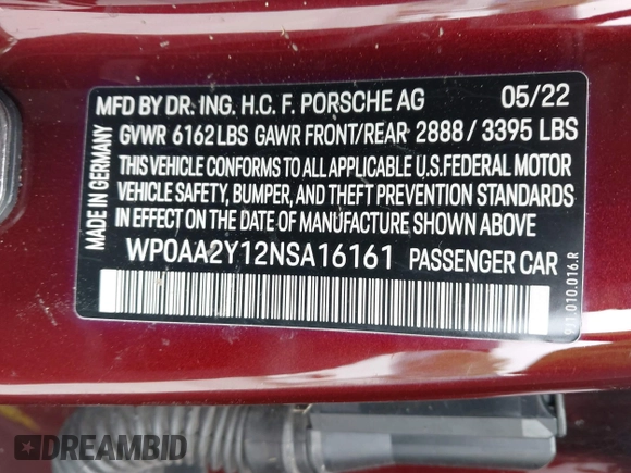 2022 Porsche Taycan z VIN WP0AA2Y12NSA16161, wystawiony jako IAAI lot #42068807 z przebiegiem 15 609 mil mil oraz . Historia ofert i sprzedaży dostępna na DreamBid. Obrazek 9.