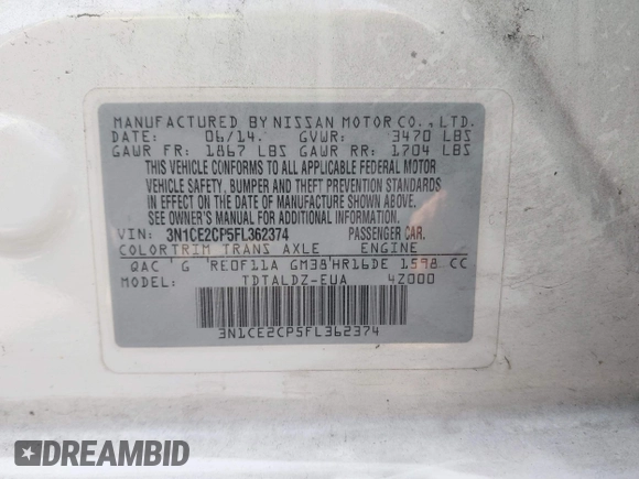 2015 Nissan Note SV with VIN 3N1CE2CP5FL362374, listed as a IAAI auction lot 42449258 with 142,377 mi miles and . Bid and sale history available at DreamBid. Image 9.