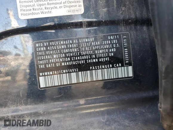 2012 Volkswagen Golf TDI with VIN WVWNM7AJ1CW016932, listed as a Copart auction lot 85508254 with 104,743 mi miles and Salvage title. Bid and sale history available at DreamBid. Image 12.