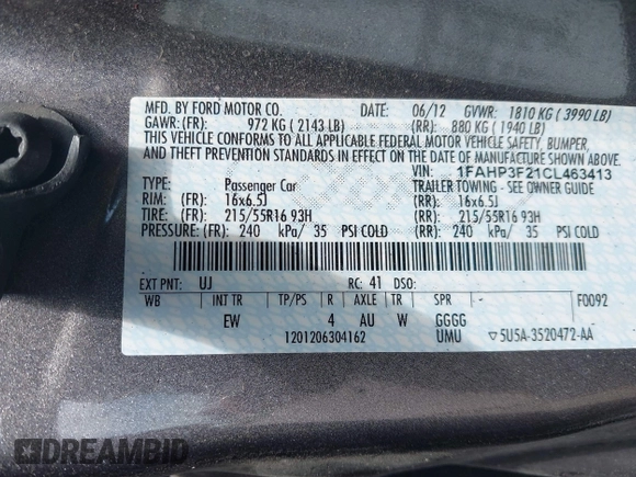 2012 Ford Focus SE z VIN 1FAHP3F21CL463413, wystawiony jako IAAI lot #42564350 z przebiegiem 115 849 mil mil oraz . Historia ofert i sprzedaży dostępna na DreamBid. Obrazek 9.