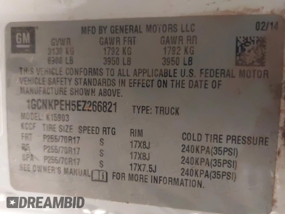 2014 Chevrolet Silverado 1500 Work Truck with VIN 1GCNKPEH5EZ266821, listed as a IAAI auction lot 41570036 with 125,916 mi miles and . Bid and sale history available at DreamBid. Image 9.