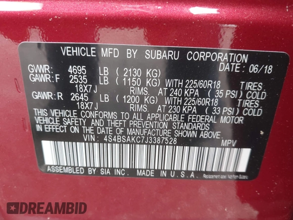 2018 Subaru Outback Limited with VIN 4S4BSAKC7J3387528, listed as a IAAI auction lot 42445830 with 41,613 mi miles and . Bid and sale history available at DreamBid. Image 9.