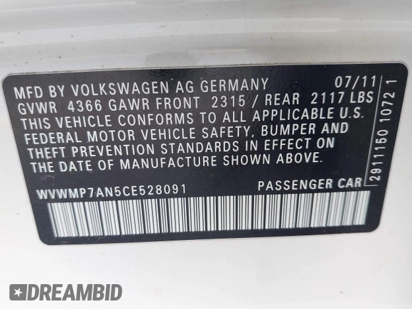 2012 Volkswagen CC R-Line with VIN WVWMP7AN5CE528091, listed as a IAAI auction lot 42074271 with 121,308 mi miles and . Bid and sale history available at DreamBid. Image 9.