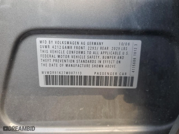 2007 Volkswagen Rabbit with VIN WVWDR91K27W087113, listed as a Copart auction lot 77580554 with 124,281 mi miles and Salvage Title. Bid and sale history available at carsss.com. Image 14.